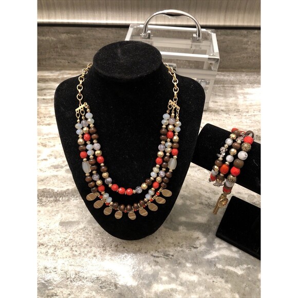 Multi-Color Bead, Glass, Resin Necklace Gold Tone Three-Strands with Bracelet - Picture 1 of 11